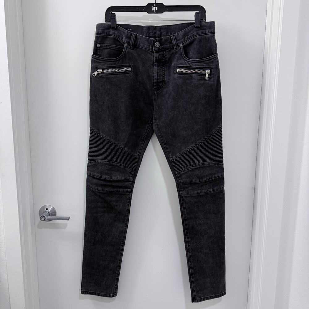 NWT $1350 Value Balmain Biker Jeans Washed Black Moto Denim